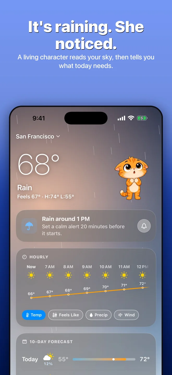 Miso Weather showing rain timing and Today's Call on iPhone