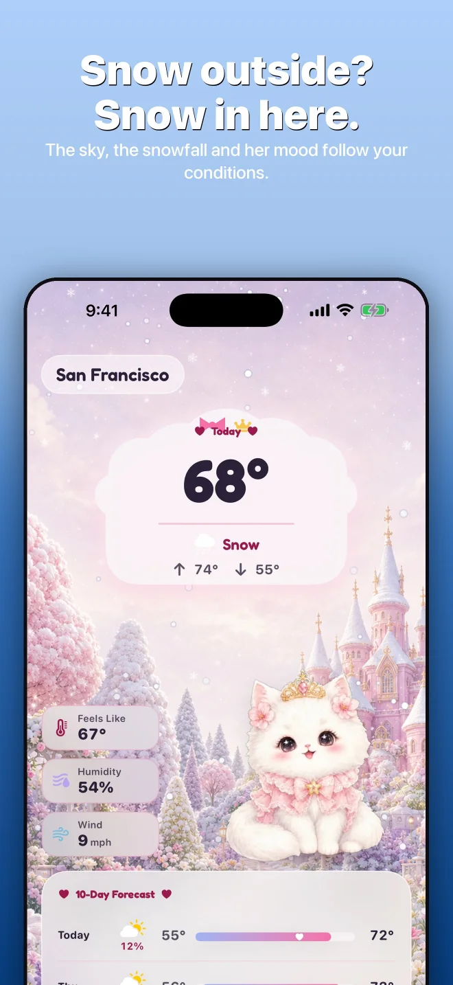 A snowy Miso Weather character world on iPhone