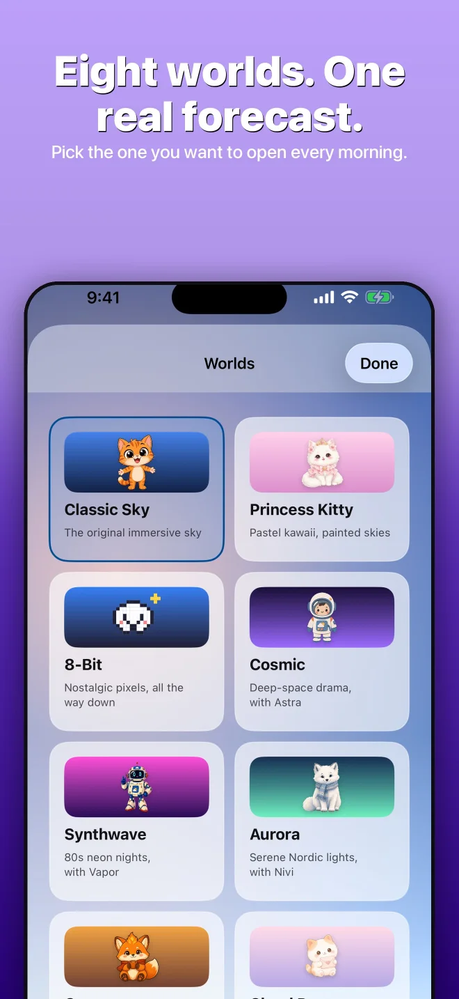 The eight worlds available in Miso Weather